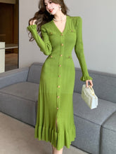 BXOXO party look inspos Flared Sleeve Knitted Dresses for Women Autumn Solid Single Breasted Chic Ruffles Hem Casual Female Office Elegant Robes New